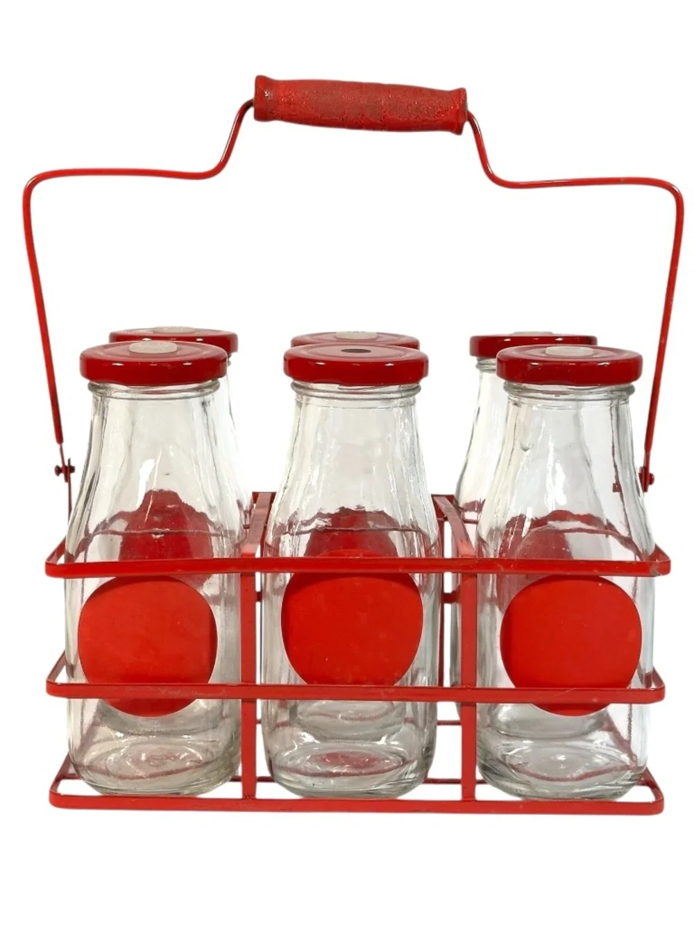Set 6 Glass Bottles in Red Metal Carrier w/ Holes for Straws, Farmhouse Chic